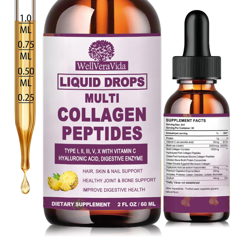 Liquid Collagen for Women & Men, Multi Hydrolyzed Collagen Peptides | Fast Acting Hidrolizado Collagen Types I, II, III, V, X, Proteins w. Hyaluronic Acid, Biotin Vitamin C for Hair, Skin & Nails Pineapple 2 Fl/Oz (Pack of 1)