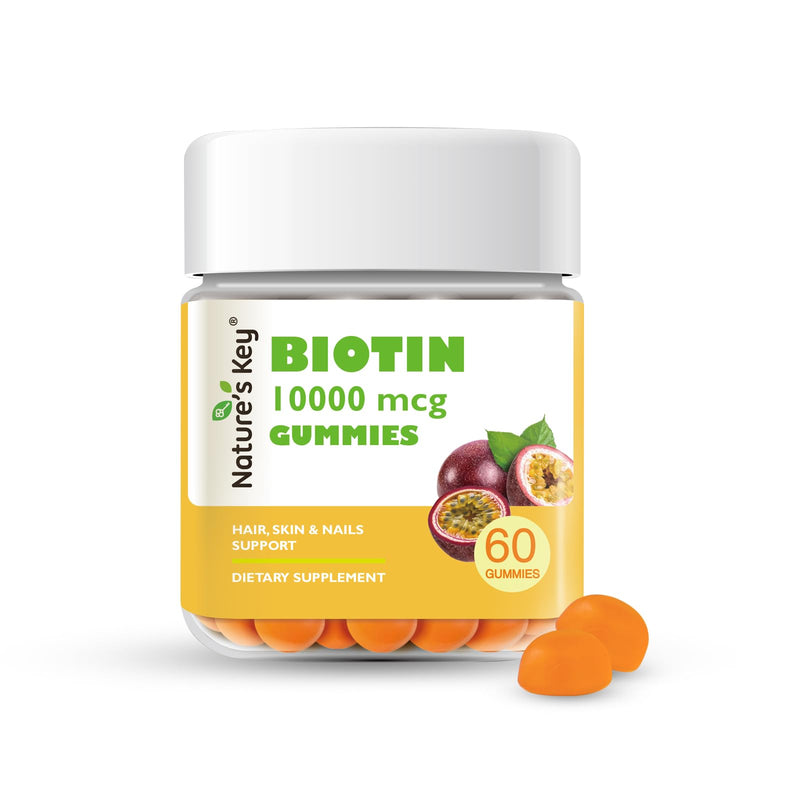 Nature's Key Biotin Gummies 10000mcg - Hair Growth & Nail Strength Supplement, Vegan, |Vitamins A B C D E|Folic Acid|Zinic for Women & Men Supports Healthy Hair Growth Supplement，60cts|30 Days