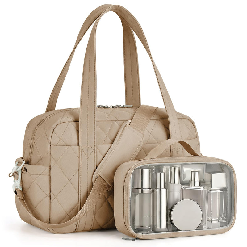 Percover Weekender Bag for Women, Ultra Lightweight Travel Duffle, Carry On Personal Item Overnight Bag with Toiletry Pouch & Compartments, Quilted Gym & Travel Bag, Camel Tan