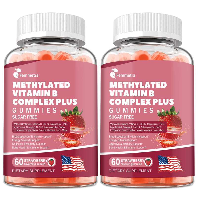 Methylation Support Gummies Sugar Free - Folate 5-MTHF, B12, TMG, B2 & B6 | All B Vitamins B1 B2 B3 B5 B6 B7 B9 B12 + C D3 K2 Magnesium Omega3 CoQ10 L Theanine and more for Women Men, Strawberry 60 Ct 60 Count (Pack of 2)