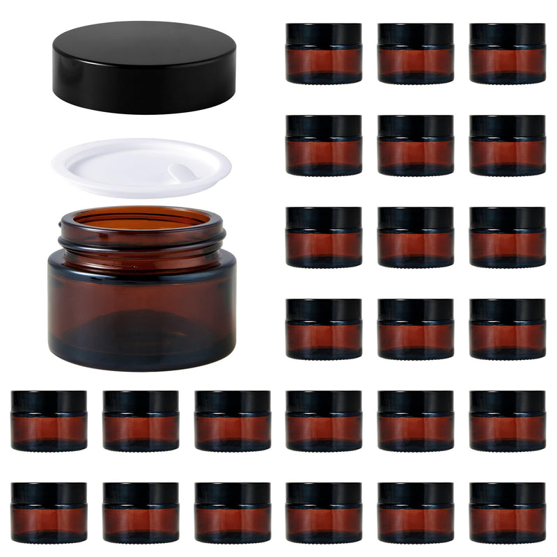 Hoa Kinh 1oz Amber and CLear Glass Jar with Black Lids, Travel Jars for Storing Lip and Body Scrub, Lotion, Body Butter, Bath Salts, Liquid