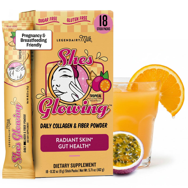 Legendairy Milk She's Glowing Collagen Powder & Prebiotic Fiber, 18 Sticks | Tropical drink mix with VERISOL peptides, Solnul starch & Vitamin C. Sugar-free digestive support for women's daily wellness