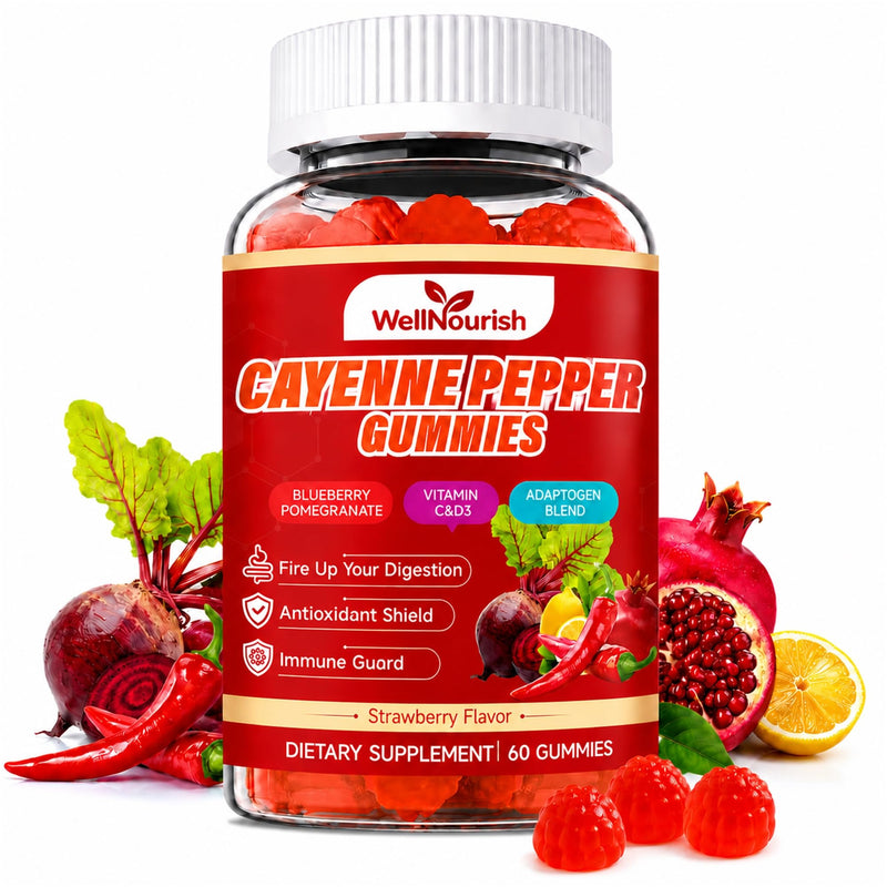 Cayenne Pepper Gummies with Vitamin C and D3, 60 Count | Sugar-free strawberry gummies with beetroot and adaptogen blend for circulation, digestive and immune support. 60 Count (Pack of 1)