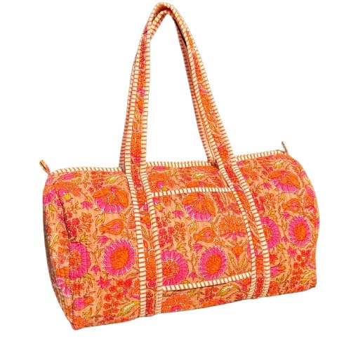 Large Orange Pink Cotton Quilted Duffle Bags Block Print Gifts Handmade Colorful Travel Night Travel Gym Yoga Luggage Pocket 18X9X9 inches
