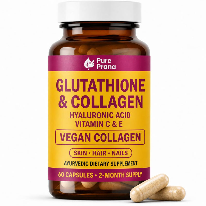 Pure Prana Vegan Collagen Builder & Glutathione for Women, Skin Hair Nails | Plant based glow support with hyaluronic acid, vitamin C & E, turmeric & black pepper. 60 once daily vegan capsules
