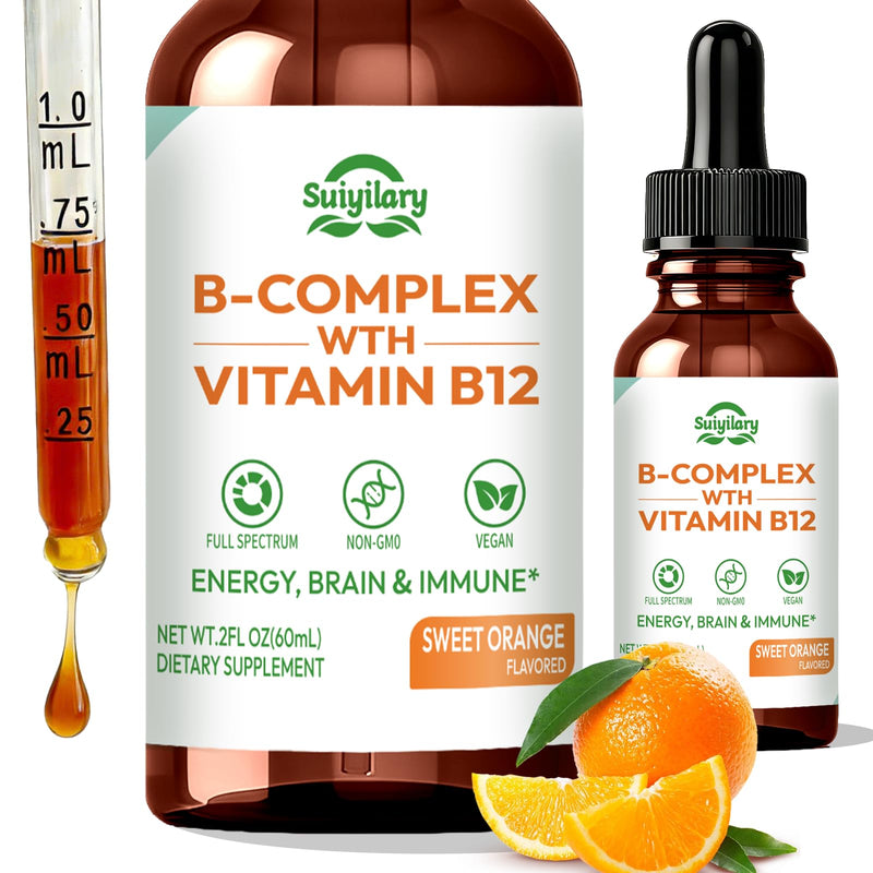 Suiyilary Vitamin B Complex Liquid Drops, B12 Methylcobalamin, B9 Folic, Vitamin C, Immune, Energy Metabolism, Brain & Heart Support, Orange Flavor, 60ml