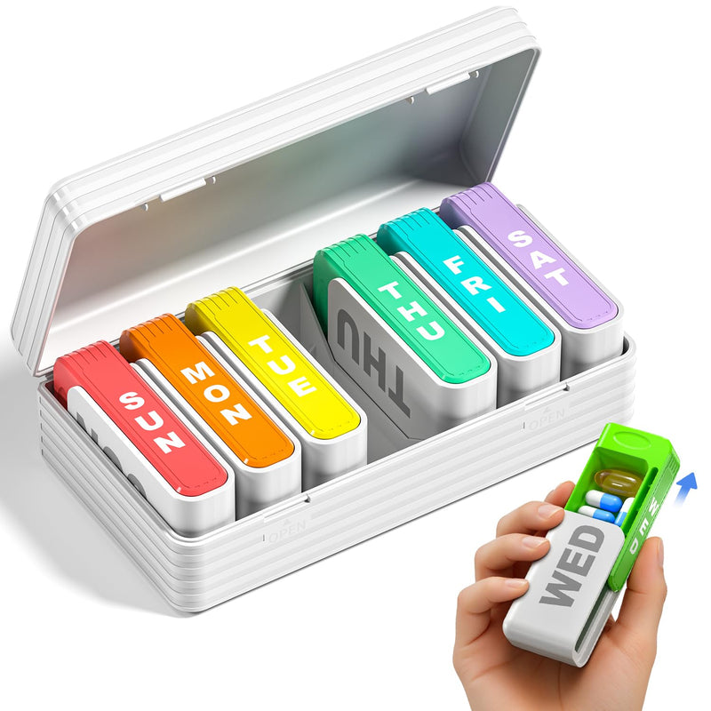 Betife Travel Pill Organizer, Weekly Pill Organizer for 1 Time a Day with Easy Sliding Drawers, Large Pill Box with Airtight Seals for Supplements and Vitamins, White