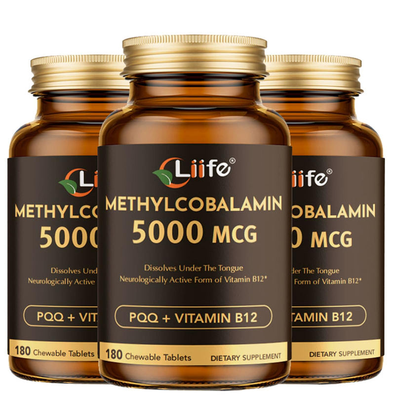 LIIFE Vitamin B12 (Methylcobalamin)+ PQQ 5000 mcg | 540 Chewable Tablets | Supports General Energy, Brain & Nervous System Health | Gluten Free | 1 Capsule per Serving* 180 Tablets（Pack of 3）