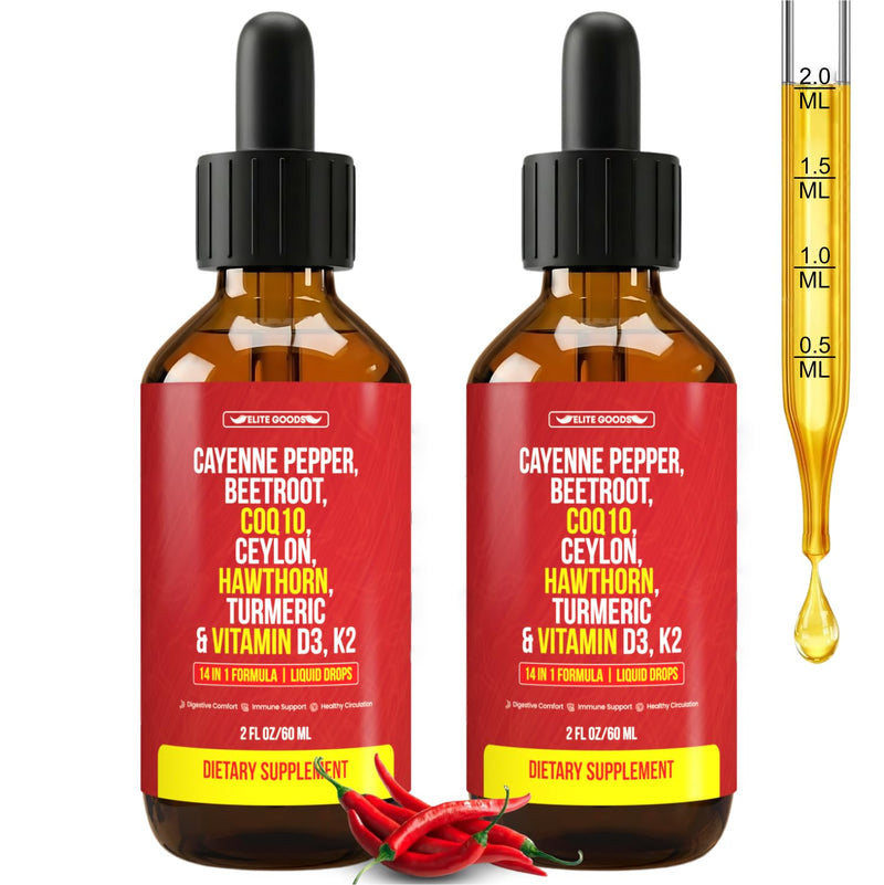 Cayenne Pepper Drops - Organic Supplement with Hawthorn Berry, Beet Root Powder, COQ10, Vitamin D3 & K2, Ceylon Cinnamon, Turmeric, Ginseng & Berberine - 60 ml (2 Packs) 1 Fl Oz (Pack of 2)