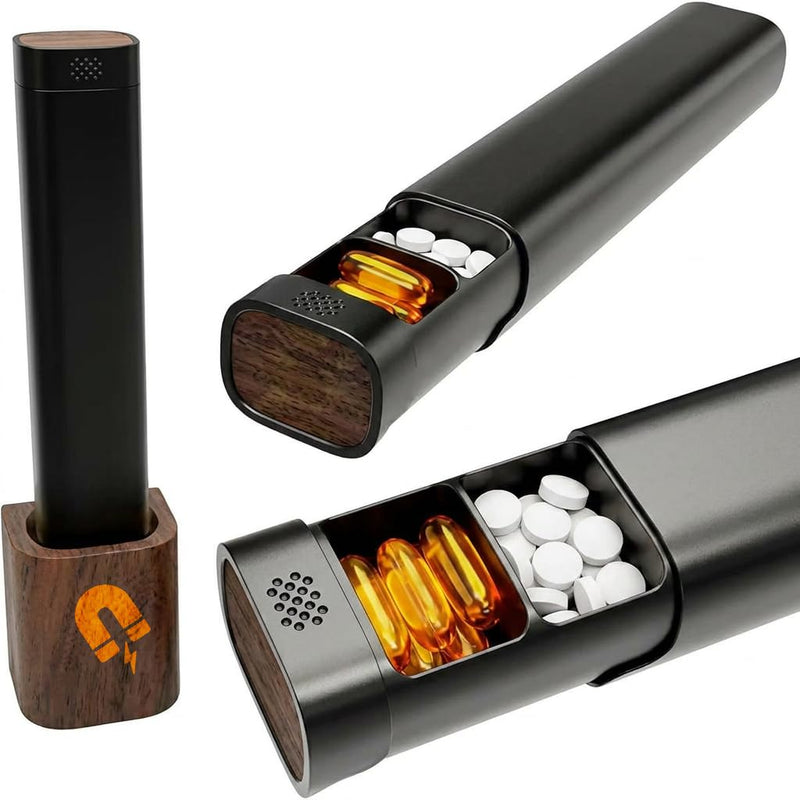 Premium 7-Day Aluminum Pill Organizer – 100% Metal, No Microplastics | Magnetic pill organizer with real wood base - a sleek metal pill case for vitamins, supplements, travel & daily use.