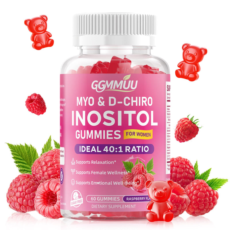 Myo-Inositol & D-Chiro Inositol Gummies for Women, 60 Count | 1000mg+25mg 40:1 Ratio, with Vitamin D3, Magnesium Glycinate, Folate & Zinc, Vegan, Sugar Free, Non-GMO, Raspberry Flavor 60 Count (Pack of 1)
