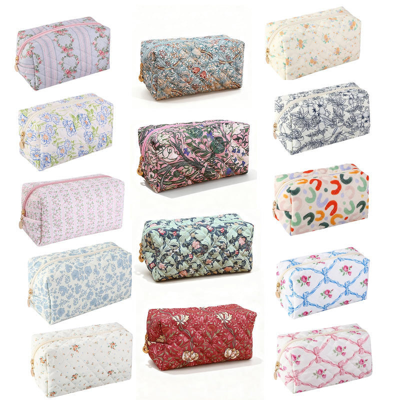 AMAZBEE Makeup Bag Bulk for Purse 14 PCS Quilted Organizer Pencil Bag with Zipper Floral Cosmetic Bags for Travel Separation