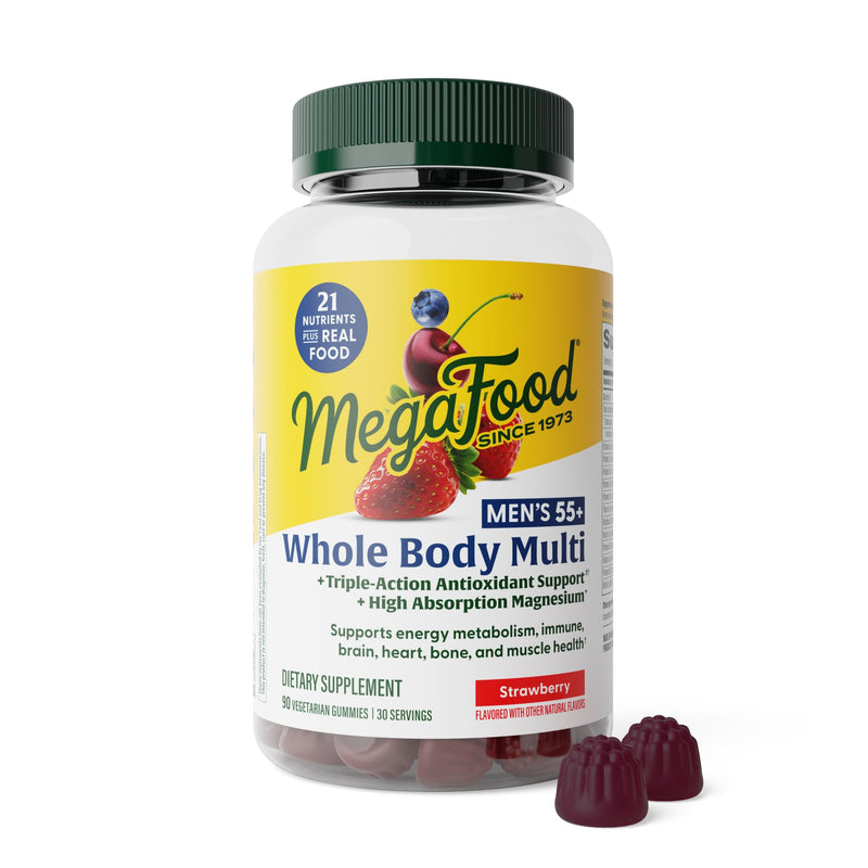 MegaFood Whole Body Gummies, Multivitamin for Men 55+, 90 Gummies | Mens Multivitamins for Immune, Brain, Heart, Bone & Muscle Health, Magnesium Citrate, Vitamin D3 K2, Strawberry, 30 Servings