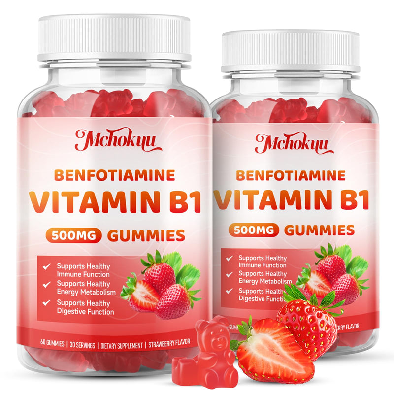 Vitamin B1 Gummies 500mg with Benfotiamine – Thiamine Supplement for Women & Men Supports Healthy Energy Metabolism & Immune, Sugar-Free | Vegan | Non-GMO, Natural Strawberry Flavor, 120 Count 60 Count (Pack of 2)