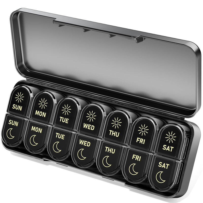 Betife AM PM Pill Organizer 7 Day, Weekly Pill Organizer Box 2 Times a Day | Portable Travel Pill Organizer, Cute, Easy Open, Airtight, Fashion, Dust-Proof, Reusable, Sturdy for Medication, Vitamin Black