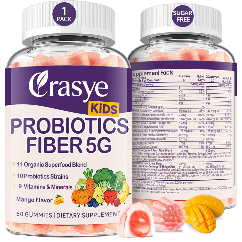 Kids Probiotic + Prebiotic Fiber 5G Gummies 12 Billion CFU Probiotics | Organic Veggie Fruit Fiber Gummy Sugar Free Probiotic Fiber Supplement for Children Digestive & Gut Immune Health, 60 Gummies