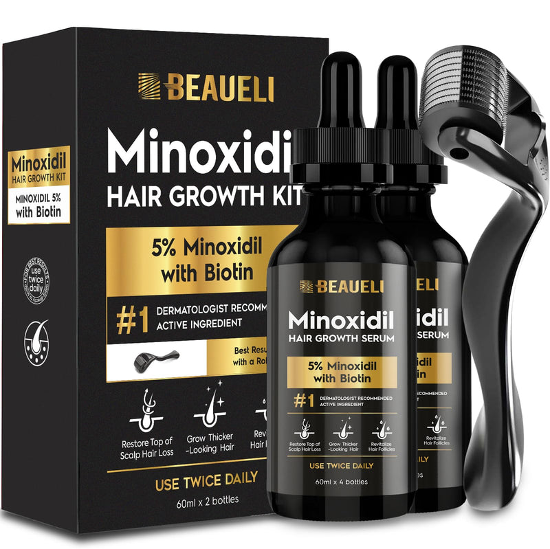 Beaueli Minoxidil Beard Growth Kit For Men and Women, Hair Loss and Hair Regrowth Treatments, Minoxidil 5%, Black 60ml 2 Bottles 2 Fl Oz (Pack of 2)
