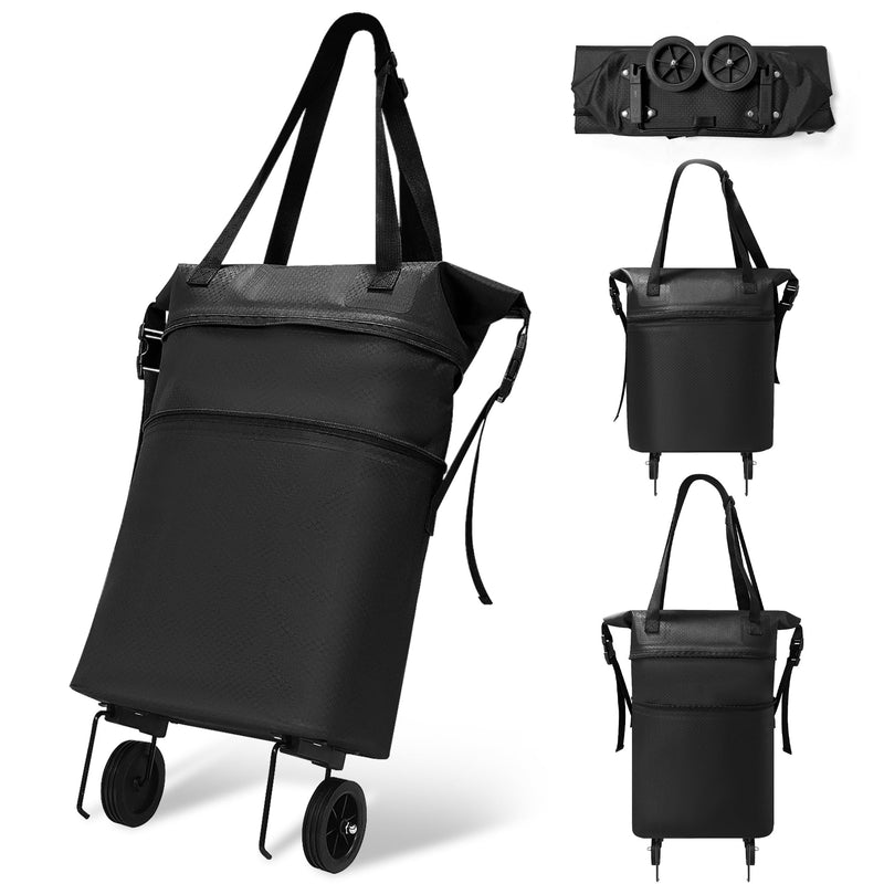 Rolling Duffle Bag with Wheels, Expandable Travel Duffle, Foldable Water-Resistant Shoulder Bag for Men & Women, Lightweight Portable Small Travel Bag for Trips, Camping, Shopping (Black) Black