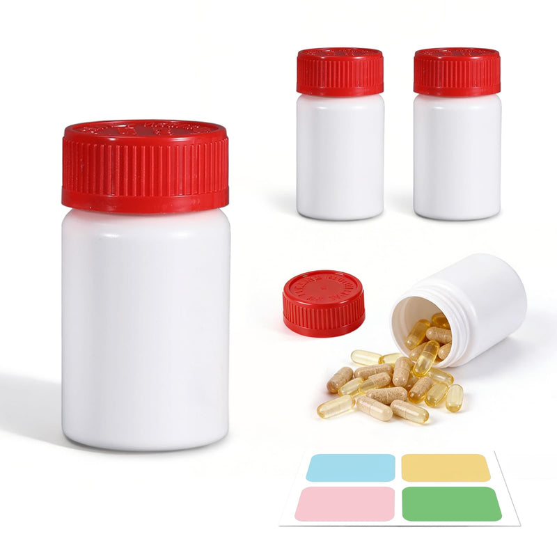 4 Pack 3.4 oz Empty Pill Bottles with Child-Proof Caps and Labels, 100 mL Wide-Mouth HDPE Plastic Containers for Vitamins, Capsules and Travel Storage Red 3.4 Ounce