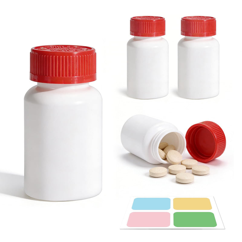 4 Pack Small Empty Plastic Bottles for Pills - Travel Medicine Containers with Lids & Labels, Portable Daily Organizer Storage for Vitamins, Medication Essentials Red 5.1 Ounce