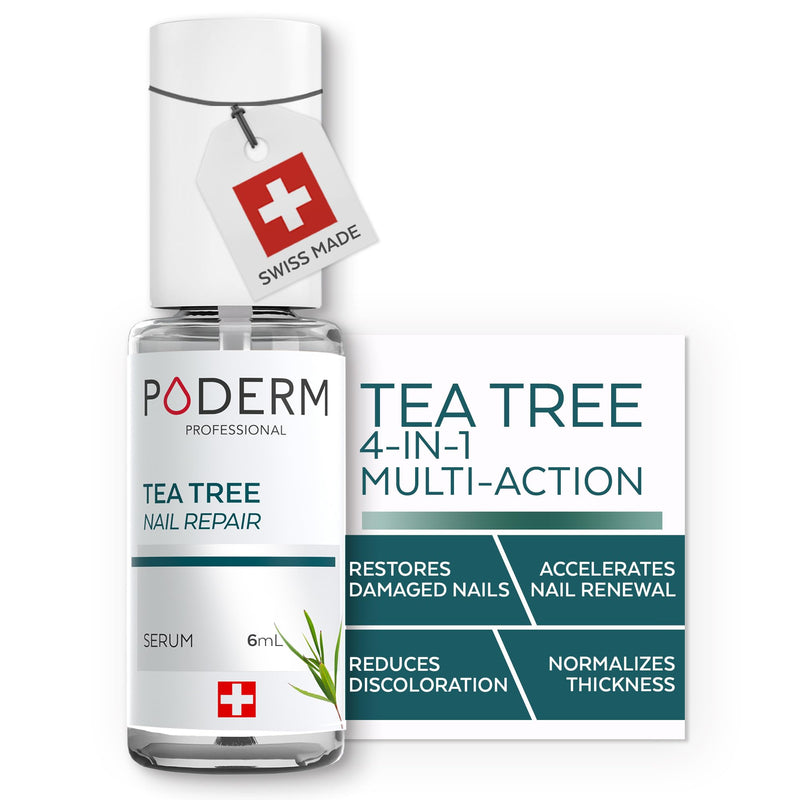 PODERM Tea Tree Nail Serum - 6 ml | 4-in-1 Formula for Damaged, Yellowed, and Dull Nails – Helps Even Nail Thickness – Swiss Made