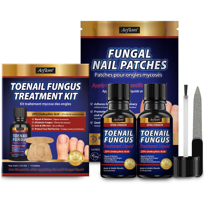 Toenail Fungus Treatment Kit: 2 Pcs Extra Strength 25% Undecylenic Acid Solution & 14 Fungal Nail Renewal Patches - for Toe Nail & Fingernail with Tea Tree Oil (0.51 Fl Oz (Pack of 2)) 0.51 Fl Oz (Pack of 2)