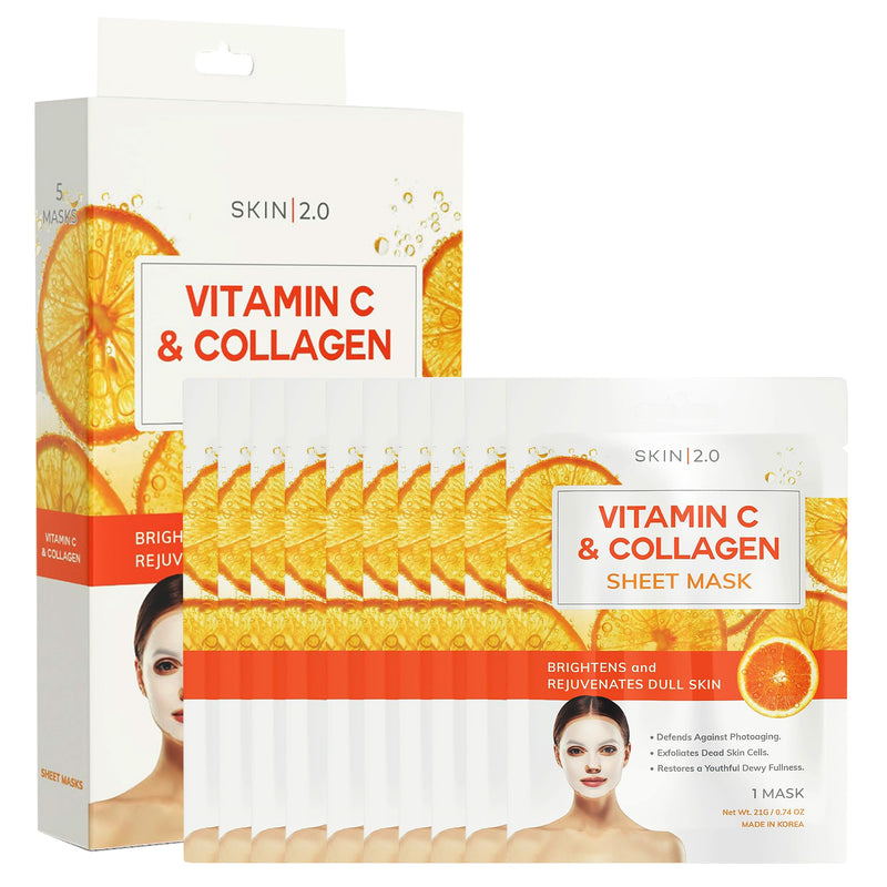 Skin 2.0 Vitamin C & Collagen Sheet Mask - Anti-Aging, Wrinkle & Age Spot Reducer, Hydrating & Moisturizing - Dermatologist Tested Korean Skincare, Clean Beauty, All Skin Types - 10 Count Vitamin C & Collagen (10pk)