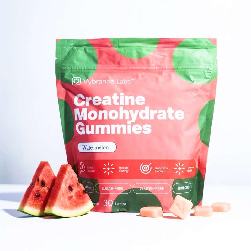 VYBRANCE LABS Creatine Monohydrate Gummies for Women | 5g per Serving, Sugar-Free | Taurine + Vitamin B12 | Strength, Energy & Focus Support | Vegan | Also for Men | Watermelon