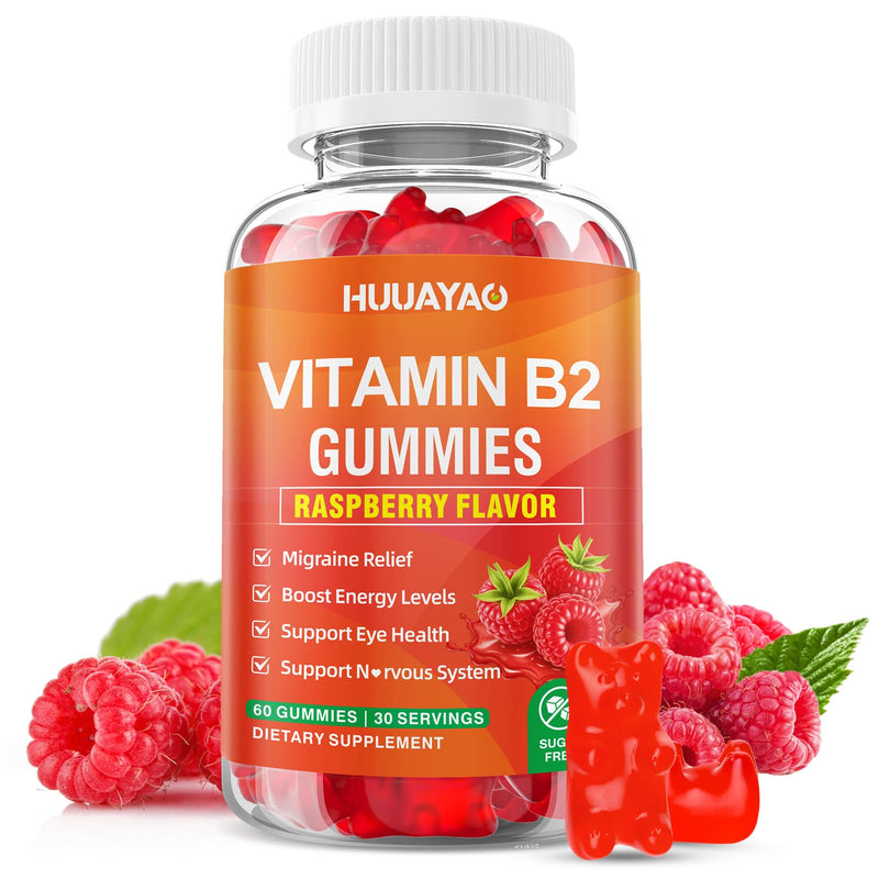 Vitamin B2 Gummies, Riboflavin Supplement with Magnesium for Kids & Adults, B2 Gummies for Migraine Relief & Nervous System Support, Vegan, Sugar-Free, Raspberry Flavor, 60 Count 60 Count (Pack of 1)