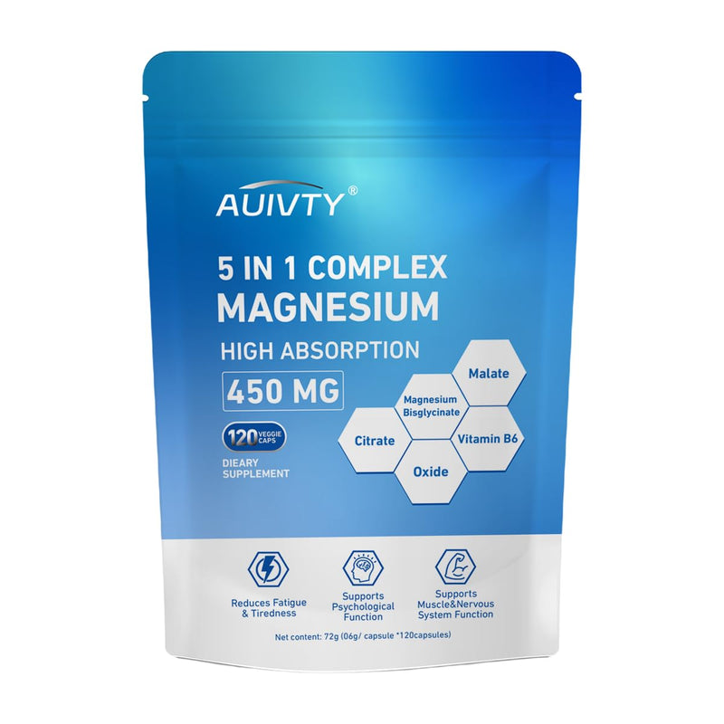 5-in-1 Magnesium Complex 450 mg, High Absorption Magnesium Glycinate, Malate & Citrate with Vitamin B6, Muscle, Nerve & Relaxation Support, 120 Veggie Capsules