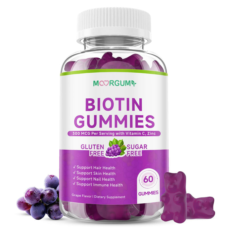Sugar Free Biotin Hair, Skin & Nails Gummies, Supports Healthy Hair, Skin and Stronger Nails, with Vitamin C, Zinc Chewable Vitamin B7 Supplements for Women & Men, Vegan, Non-GMO, Grape, 60 Count 60 Count (Pack of 1)