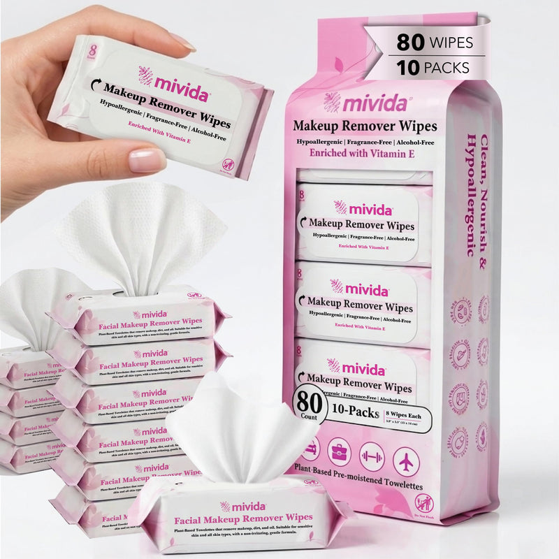 mivida Hypoallergenic Mini Makeup Remover Wipes Travel Size With Vitamin E, 80ct (8×10), Dermatologist Tested & Clinically Tested Makeup Wipes, 10 Packs 8 Count (Pack of 10)