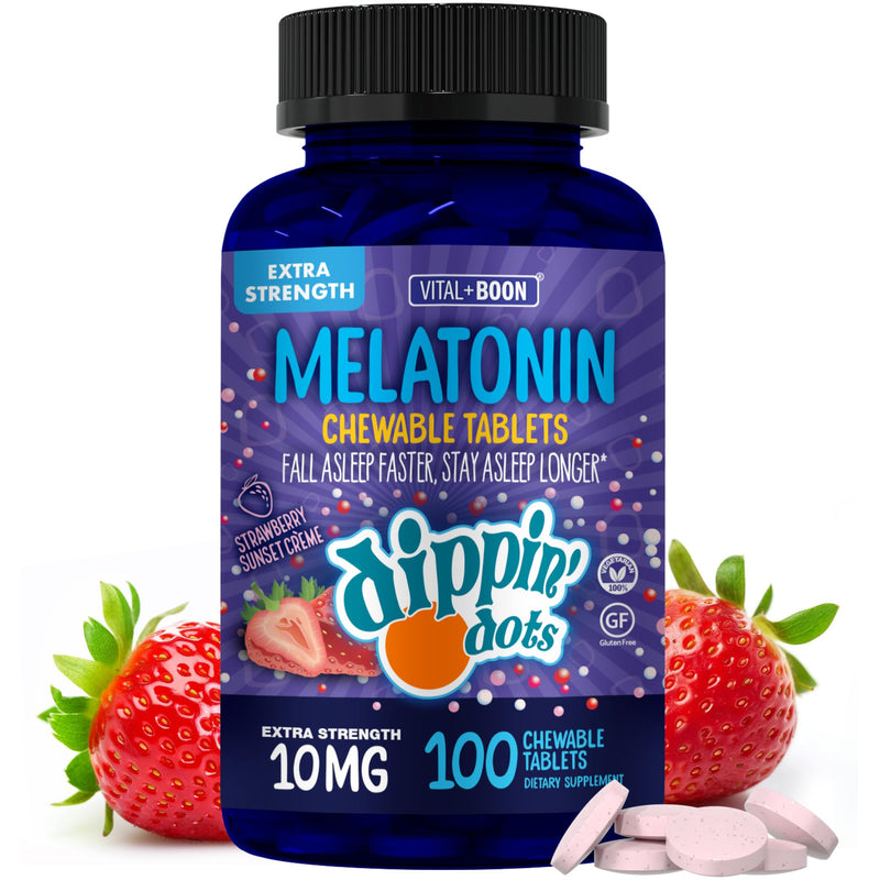 Dippin' Dots Chewable Melatonin Tablets 10mg, Natural Sleep Aid (100 Ct) | Strawberry Sunset Creme sugar-free chewable melatonin tablets, sleep medicine for nightly rest; kosher, gluten free. 100 Count (Pack of 1) Chews - 10 mg/serving