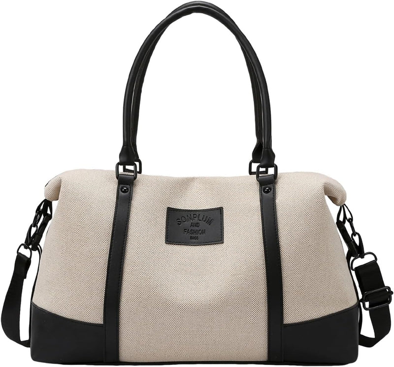 Travel Duffle Bag for Women, Canvas Carry On Weekender Overnight Bags with Wet Pocket, Gym Tote Bag for Business Trip Sports (Beige Black) Beige Black