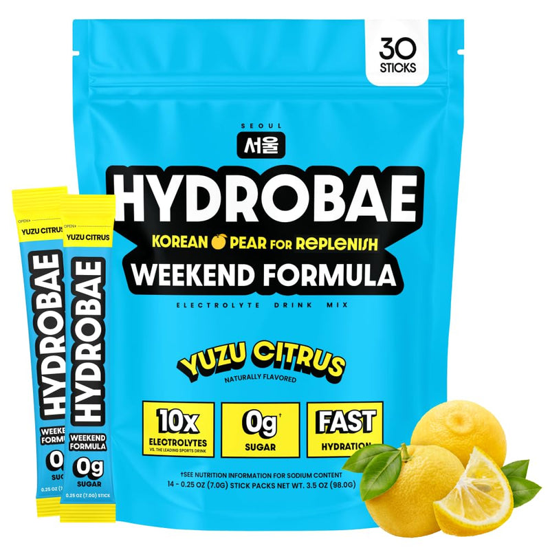 HYDROBAE Electrolyte Powder - Yuzu Citrus, Zero Sugar, for Nights Out, 30ct | Hydration drink mix packets with Korean pear, L-theanine, ginger, vitamin C and B12 for workouts, hot days and outdoor works 30 Servings (Pack of 1)
