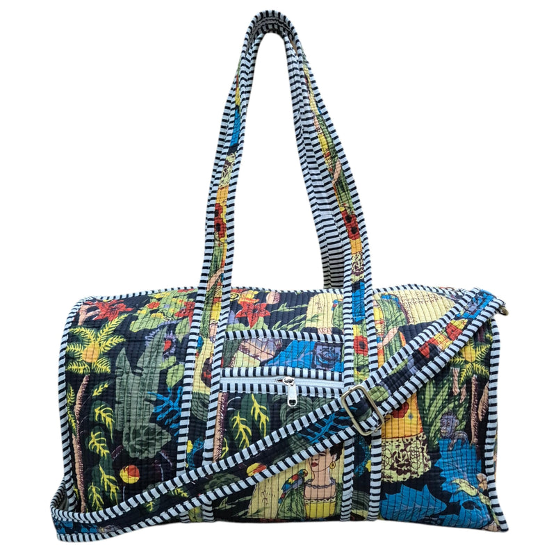 Cotton Quilted Weekender Bag for Women, Large Block Print Duffel Bag with Shoulder Strap, Carry On Overnight Travel Bag for Gym, Beach & Yoga (Midnight Meadow Quilted Duffle) Midnight Meadow Quilted Duffle