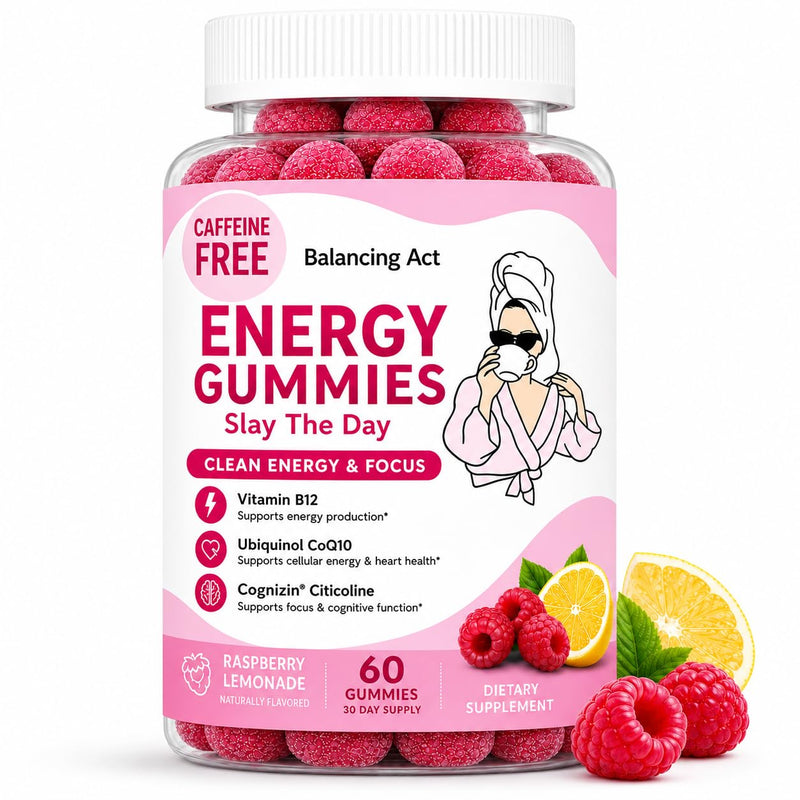 Balancing Act – Slay The Day Energy Gummies – Caffeine Free Focus & Clean Energy Support – with Vitamin B12, CoQ10 & Cognizin® Citicoline – Raspberry Lemonade – 60 Count (30 Day Supply)