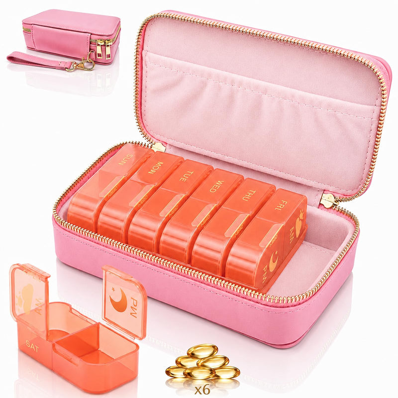 Pill Organizer 2 Times a Day (AM PM), Weekly Pill Box with PU Leather Case, Stylish Portable Medicine Organizer for Purse, Vitamins & Supplements (Pink) Pink