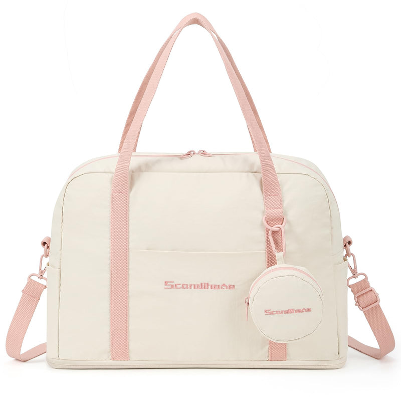 Travel Duffel Weekender Overnight Bag, Waterproof Sports Gym Carry On Tote Bag Personal Item holdall Bag for Women Beige