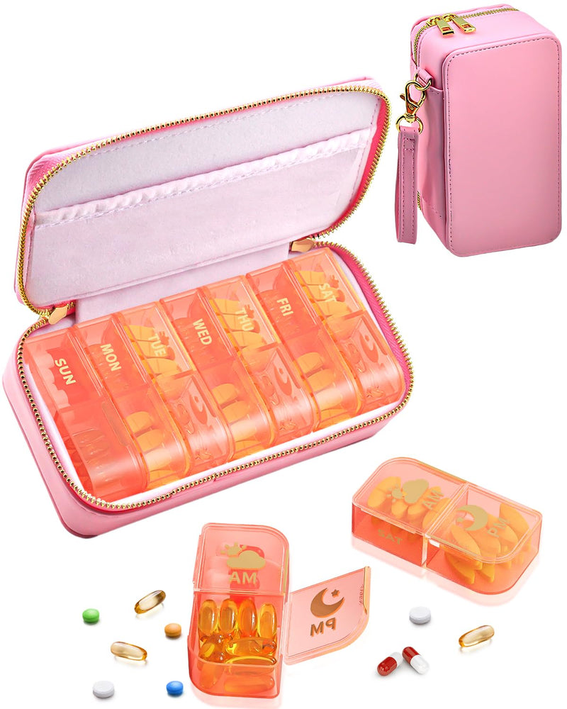 Pill Organizer 2 Times a Day for Travel, PU Leather Pill Case for Women, Portable 7 DayPill Box for Purse with Storage Bag to Hold Vitamins, Medications, Fish Oils, Supplements Light Pink
