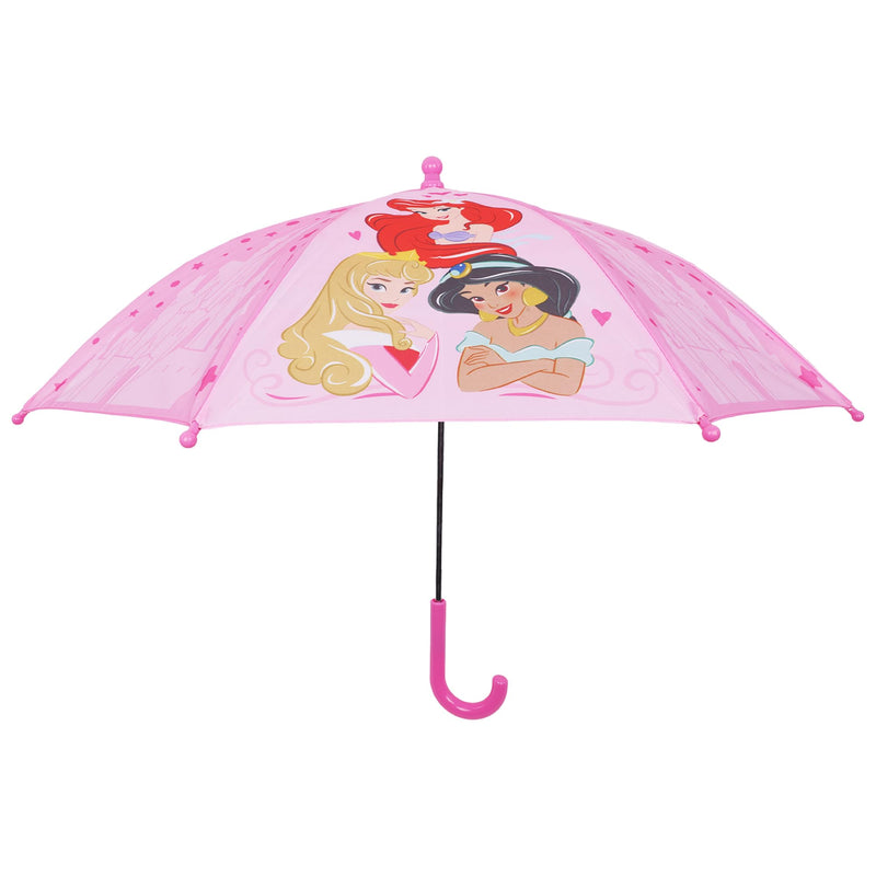 Disney Princess Kids Umbrella, Pink | Ariel Jasmine and Aurora Rain with Castle Print and Curved Handle
