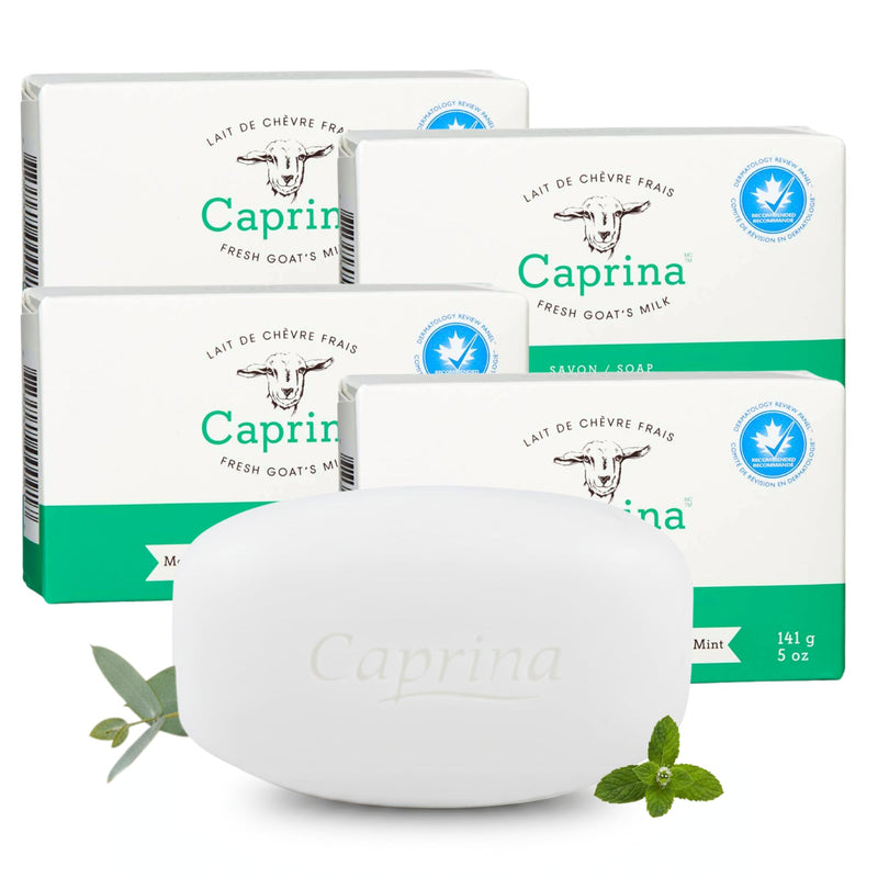 Caprina Goat Milk Bar Soap, EUCALYPTUS MINT, 5 oz (141 g), Natural Hand & Body Soap Bars, Moisturizing Bath Soap for Sensitive Skin with Vitamins B2 & B3, Eucalyptus Mint, 5 oz, 4-PACK 5 Ounce (Pack of 4)