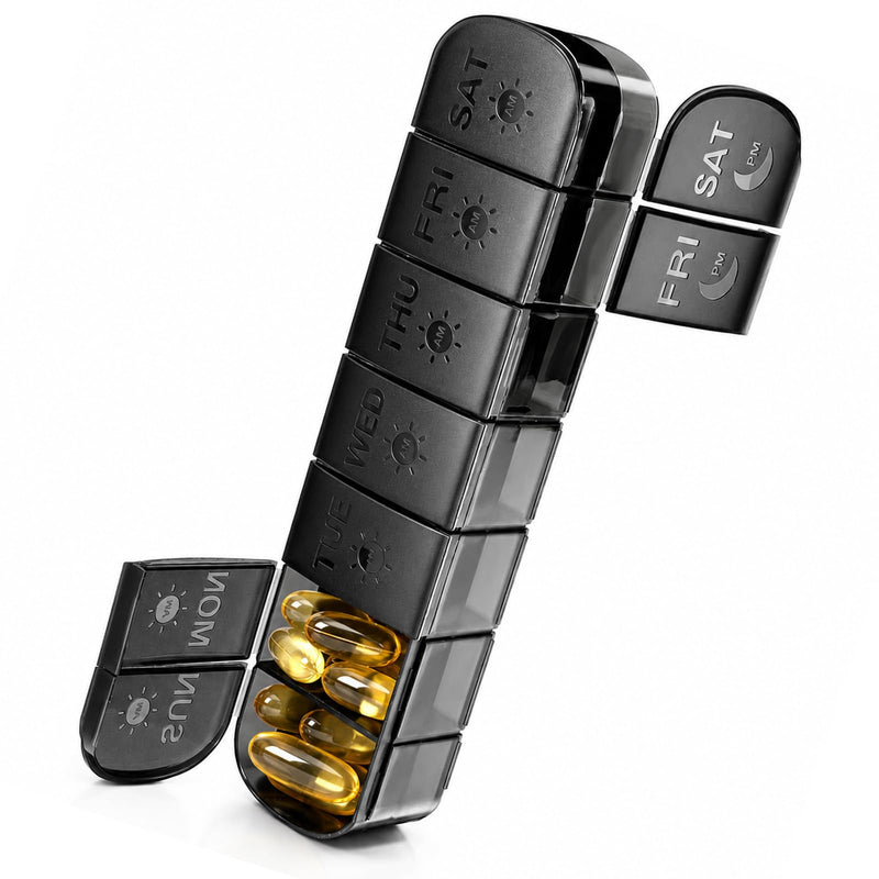 XL Weekly Pill Organizer AM PM Large Container Portable for Supplements | Day and Night,Black 7 Day Pill Case 2 Times a Day,Vitamin Holder Organizer,Travel Daily Pill Box for Fish Oil &Gummies Black