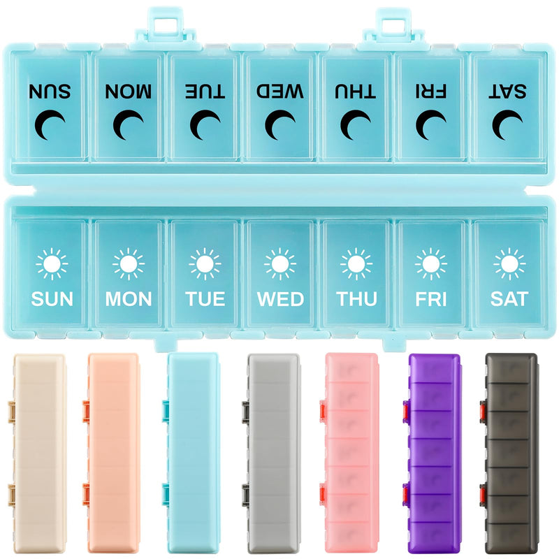 Foldable Pill Organizer Weekly 2 Times a Day, 7 Day Portable AM PM Travel Pill Case with Black&White Labels, Dual-Protection Daily Medicine Box, Large Pill Container for Vitamin/Supplement-Blue Blue