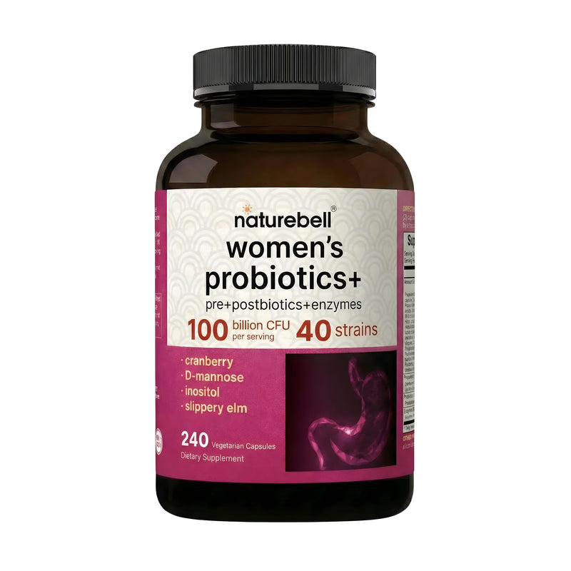 NatureBell Women's Probiotics+ - 240 Vegetarian Capsules - Prebiotic, Probiotic, Postbiotic & Digestive Enzymes - Made with Cranberry, D-Mannose, Inositol & More