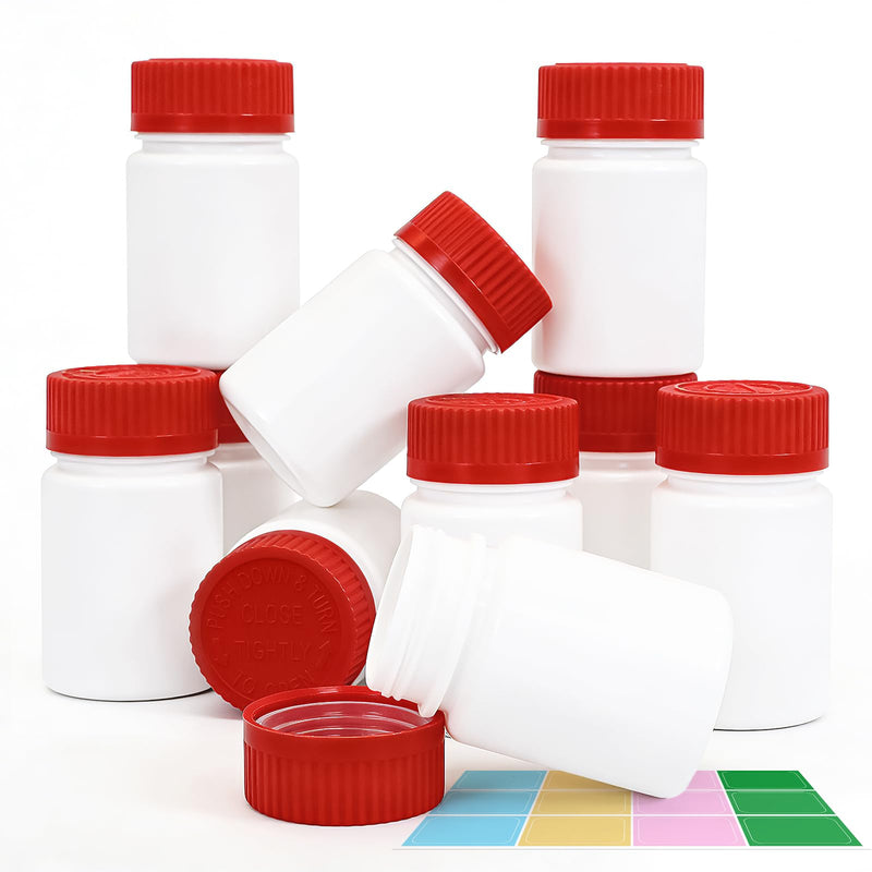 10 Pack 2oz Travel Pill Bottles - White Food Grade Plastic with Screw Caps & Labels, Small Pill Organizer for Pills, Vitamins, Capsules White+red 2oz/60ml