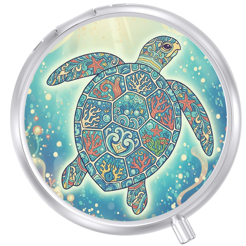 Round Pill Case Small Pill Box with Mirror Pocket 3 Compartment Vitamin Pill Medicine Case Organizer Pill Containers for Traveling Mandala Sea Turtle One Turtle Mandala One