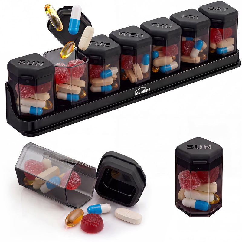 Medium-Large Weekly Pill Organizer 1 Time a Day, 7 Day Pill Box, Black | BPA-Free, Spill-Resistant, Detachable 1-a-Day Boxes, for Vitamins & Medication, Travel-Friendly, Velvet Pouch