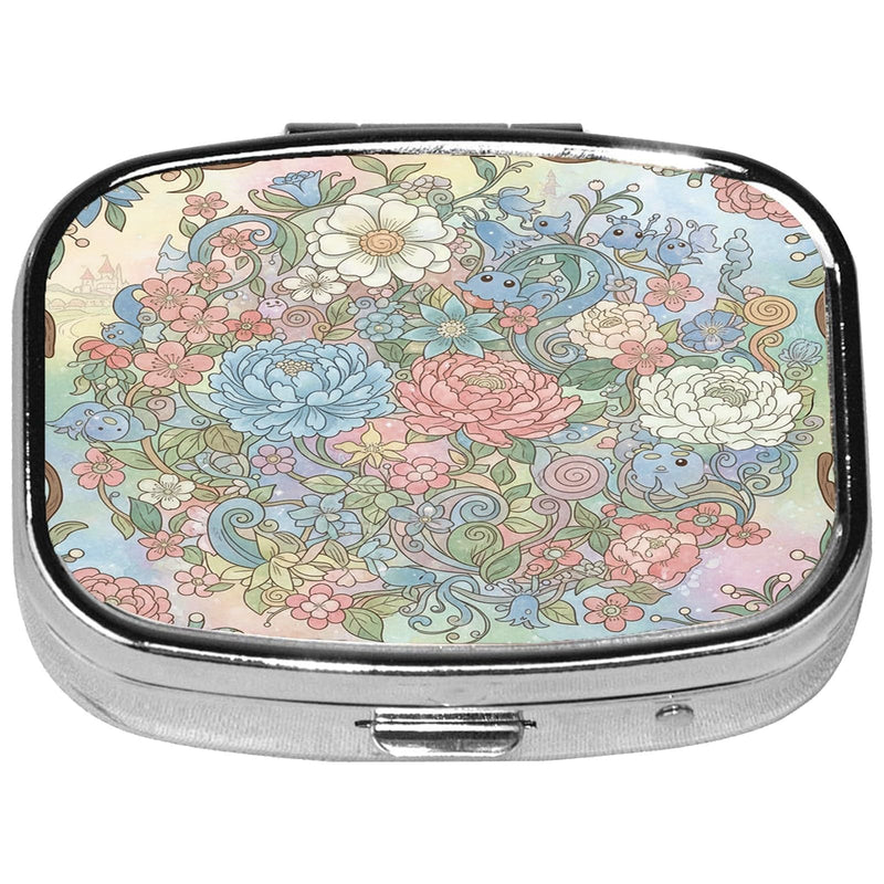Square Pill Case Small Pill Box with Mirror Pocket 2 Compartment Vitamin Pill Medicine Case Organizer Pill Containers for Traveling Blooming Flower Two