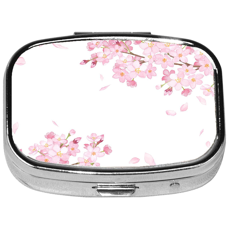 Square Pill Case Small Pill Box with Mirror Pocket 2 Compartment Vitamin Pill Medicine Case Organizer Pill Containers for Traveling Cherry Blossom